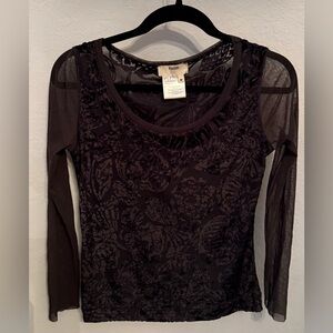 Fuzzi Mesh Top M Brown Sheer Velvet Floral Long Sleeve Made in Italy